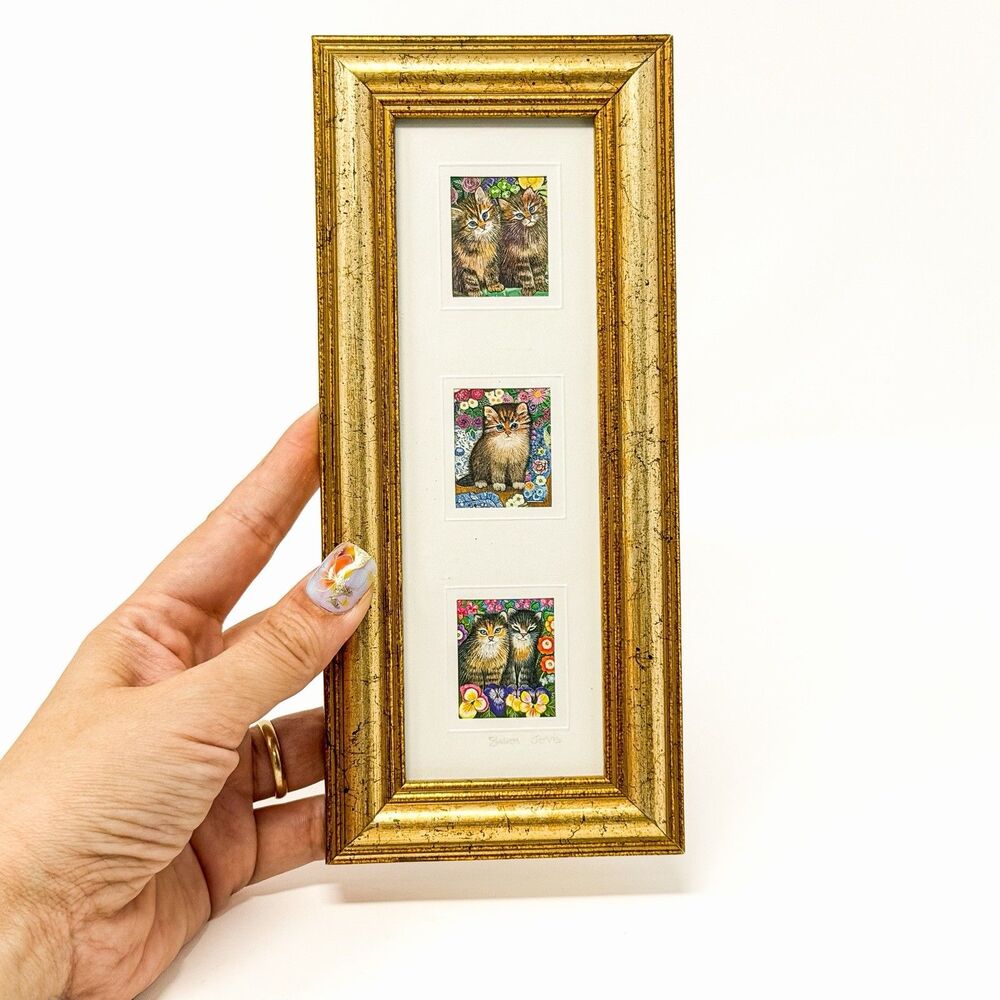 Vintage Sharon Jervis Signed Cat Art Prints Framed English Folk Art Kittens